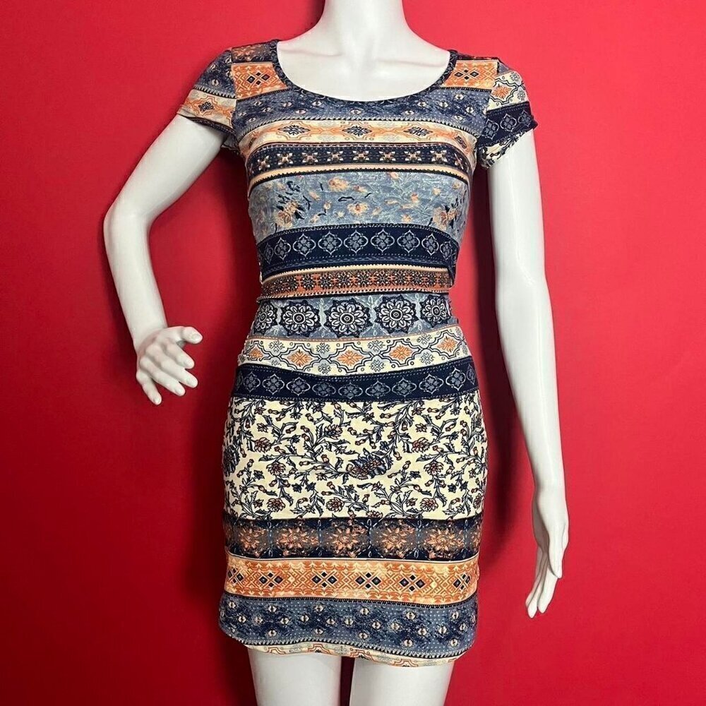 Geometric / abstract and floral striped summer dress​​​​​​​​​​​​​​